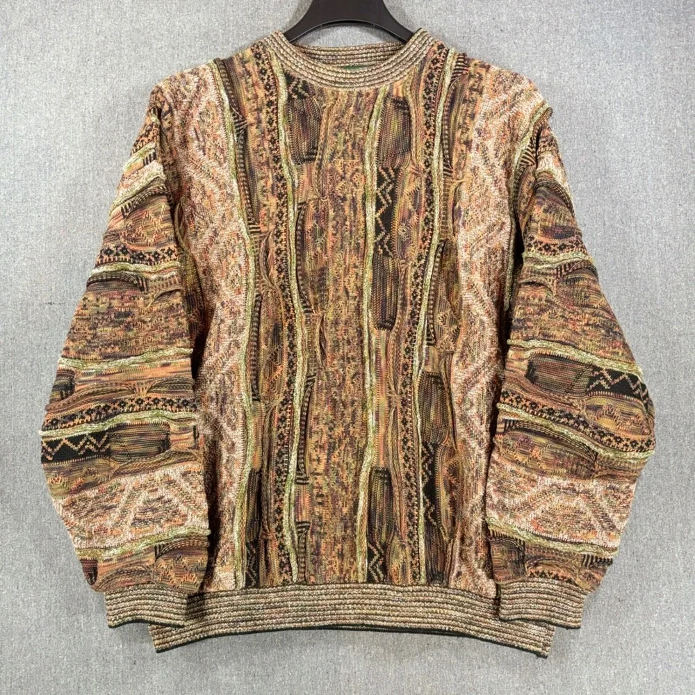 Vintage Tundra Canada Mens Large 3D Knit Sweater Coogi Style Earth Tone Multi